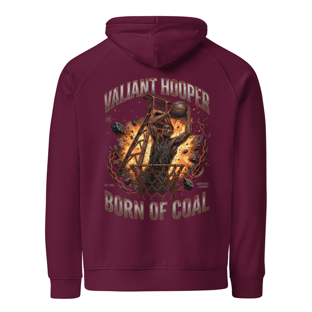 Born of Coal Raglan Hoodie in Burgundy – Rückansicht