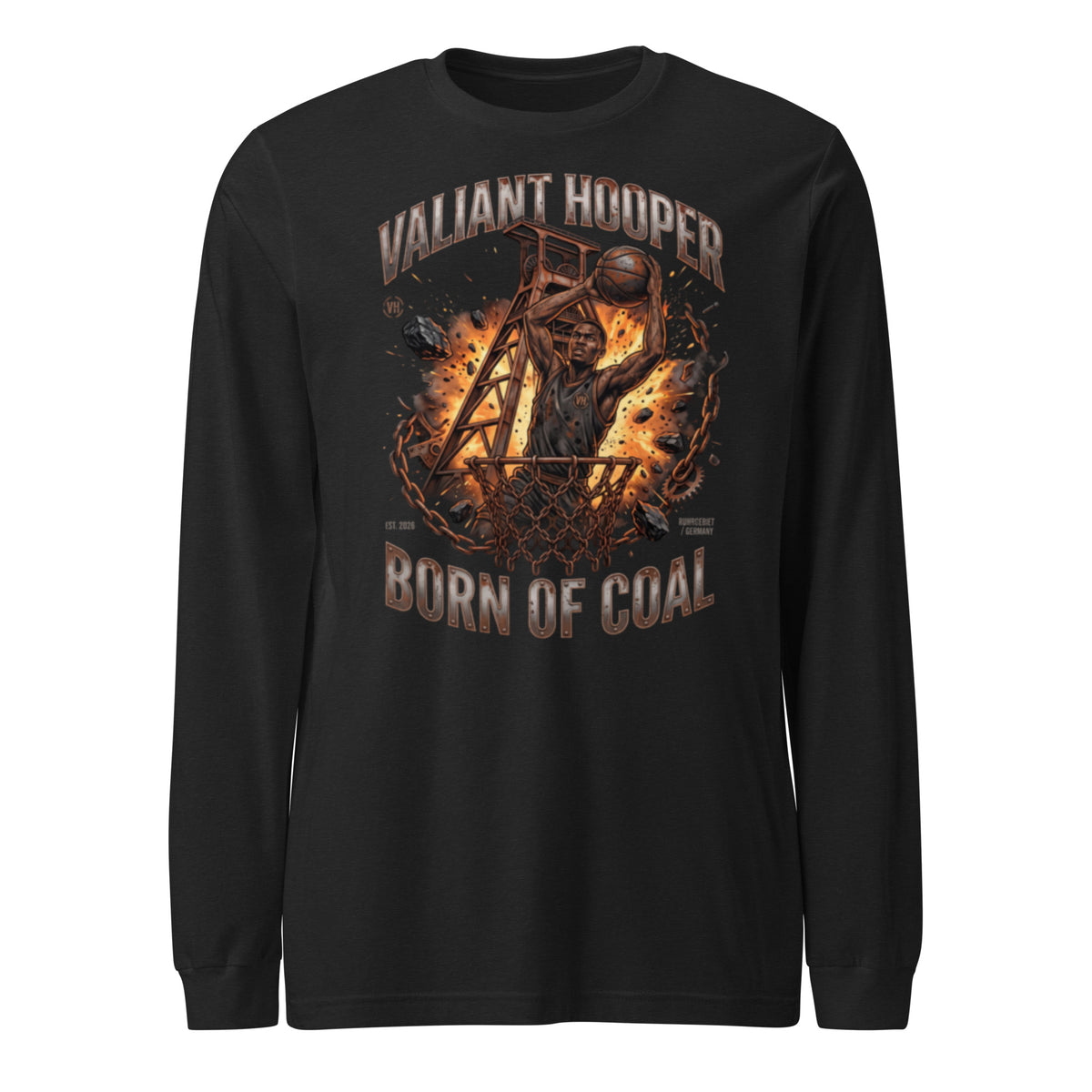 Born of Coal Longsleeve in Schwarz Heather – Vorderansicht