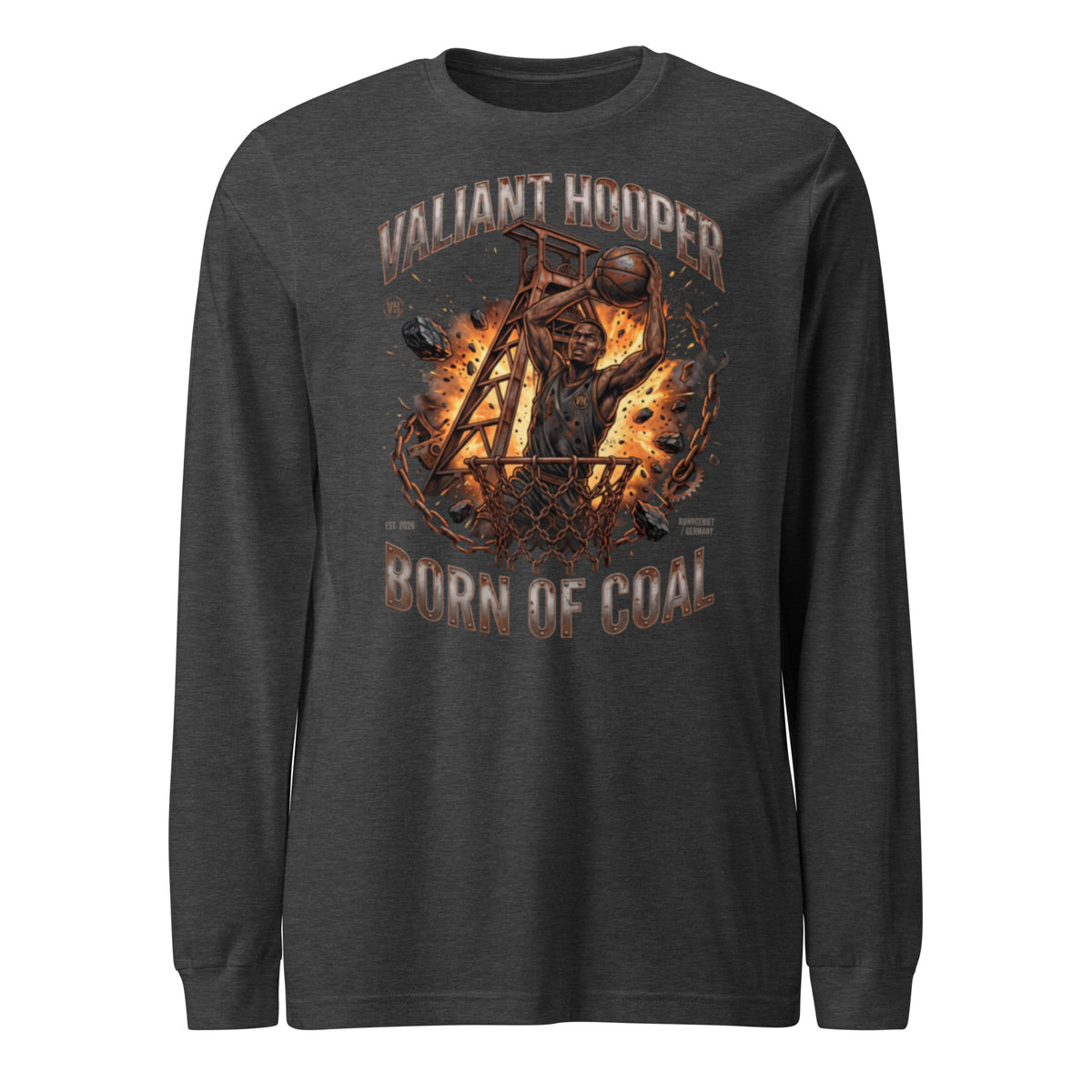 Born of Coal Longsleeve in Dunkelgrau Heather – Vorderansicht