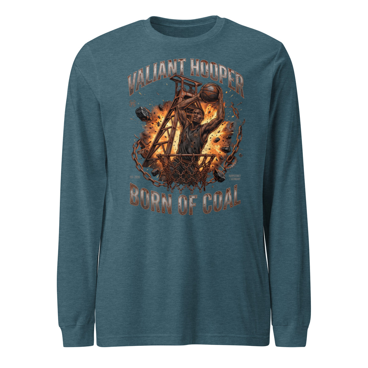 Born of Coal Longsleeve in Heather Tiefes Blaugrün – Vorderansicht